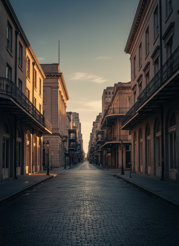 Historic New Orleans civic and financial district architecture with stone columns and warm afternoon light
