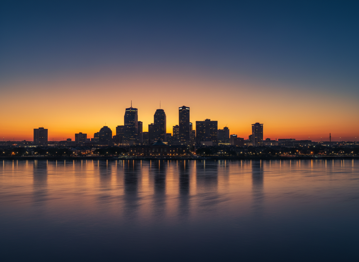 A dramatic, wide-angle New Orleans skyline at dusk — the Mississippi River in the foreground reflecting warm amber and deep navy tones, the city's iconic skyline silhouetted against a deep blue and gold sunset sky. Photorealistic, cinematic quality, moody and sophisticated, no people, no text, executive and architectural in feel.