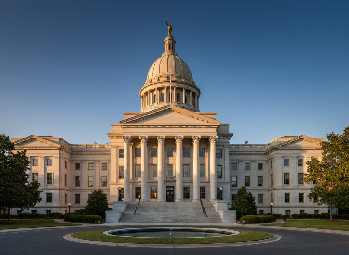 Stately government capitol building with classical columns in warm golden light against a navy sky