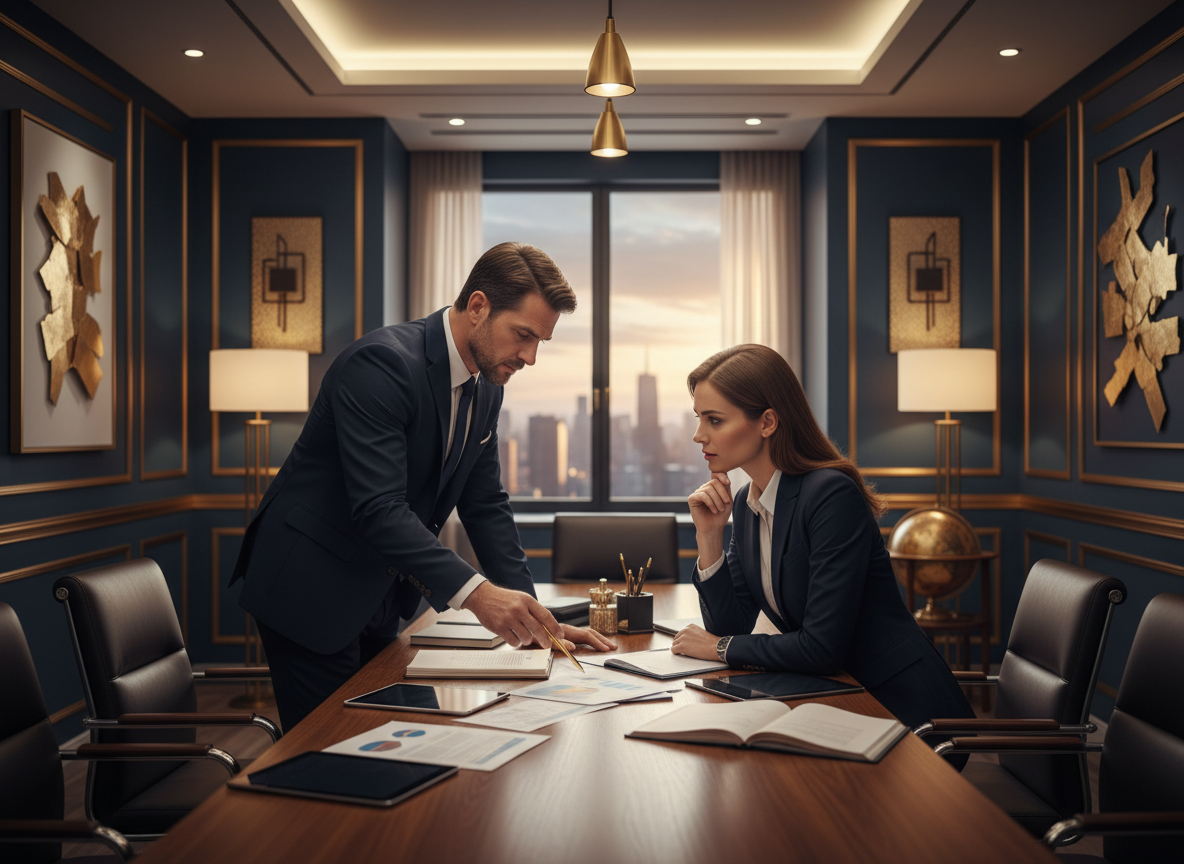 Two executives in business attire in focused strategic conversation over documents in a refined modern office