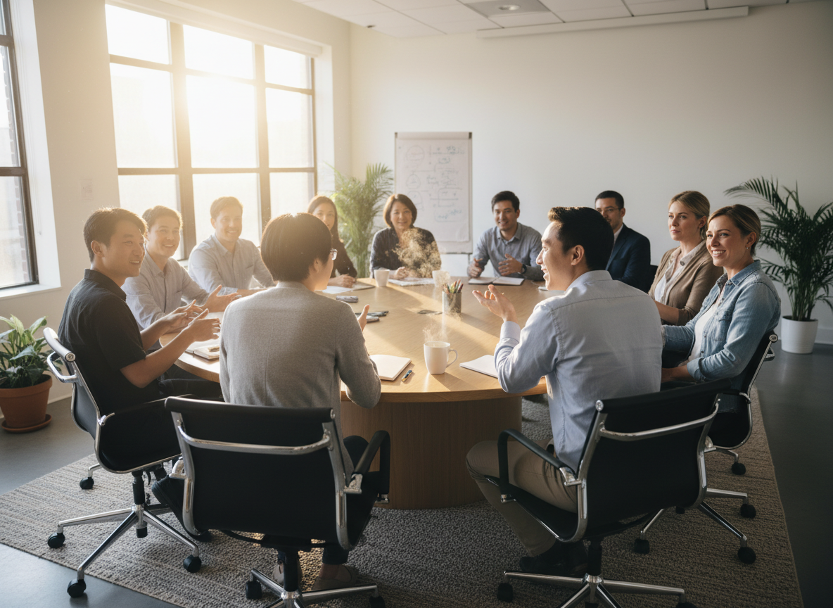 Diverse group of community members and organization leaders in an engaged roundtable discussion in a bright meeting room
